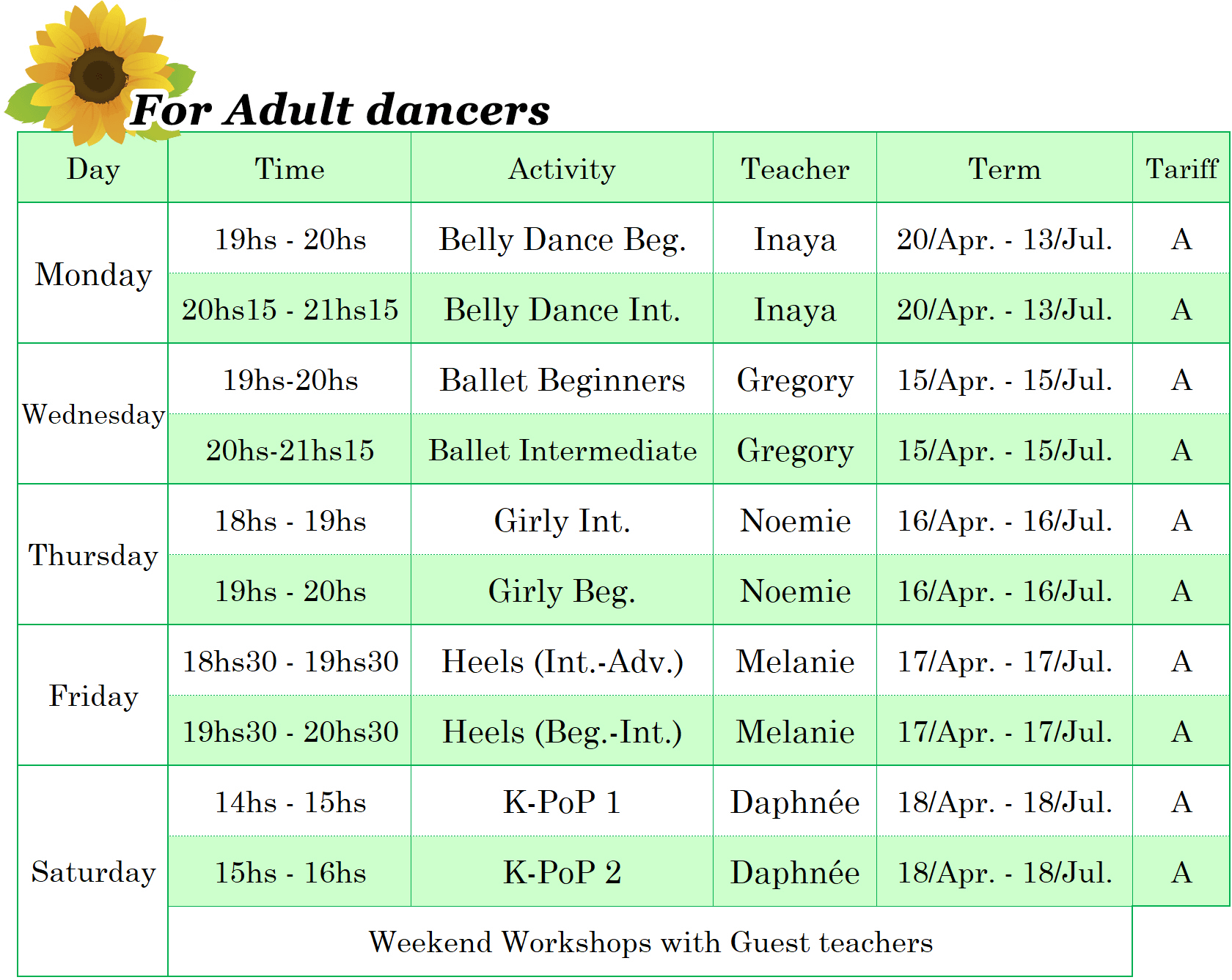 Dance Factory Luxembourg - Dance Classes Schedule